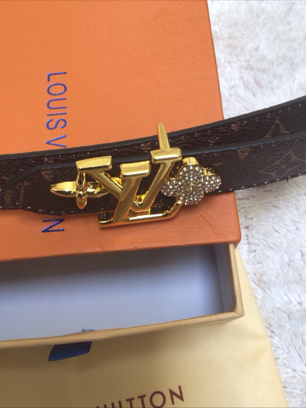 Louis Vuitton Brown Monogram LV Buckle Belt with Crystal Accent reversible 38” - Picture 5 of 8